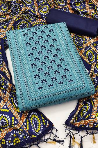 Women's light blue unstitched heavy thread sequence embroidery bandhani dupatta coco silk dress material (rnx582blu)