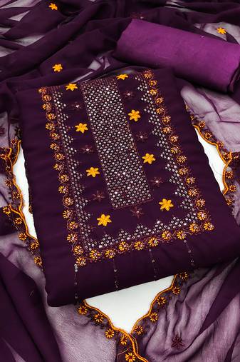 Women's purple unstitched heavy thread sequence embroidery with designer dupatta georgette dress material (rnx580ppl)