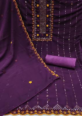 Women's purple heavy thread sequence embroidery with designer dupatta georgette dress material 2