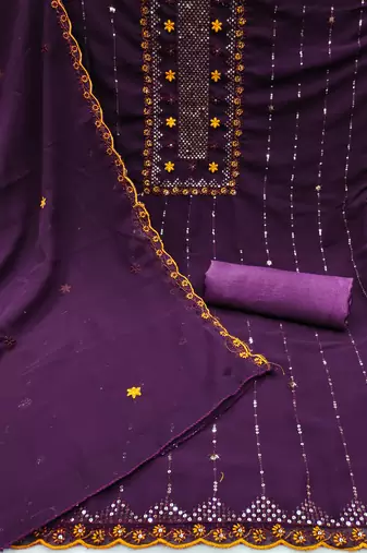 Women's purple heavy thread sequence embroidery with designer dupatta georgette dress material