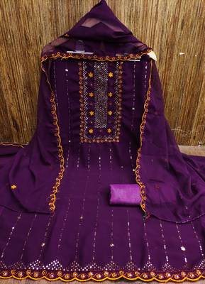 Women's purple heavy thread sequence embroidery with designer dupatta georgette dress material 3