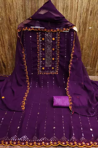 Women's purple heavy thread sequence embroidery with designer dupatta georgette dress material