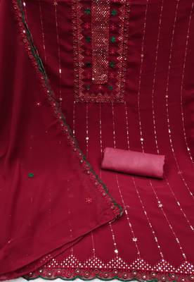 Women's maroon heavy thread sequence embroidery with designer dupatta georgette dress material 2