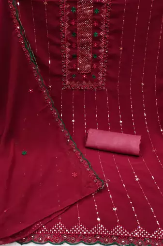 Women's maroon heavy thread sequence embroidery with designer dupatta georgette dress material
