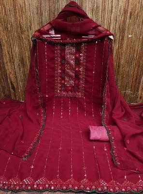 Women's maroon heavy thread sequence embroidery with designer dupatta georgette dress material 3