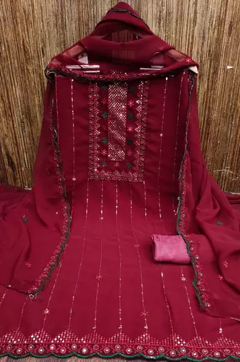 Women's maroon heavy thread sequence embroidery with designer dupatta georgette dress material