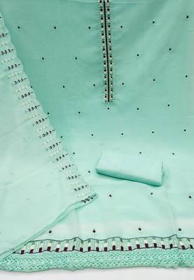 Women's sea green heavy thread embrodiery sequence work with dupatta georgette dress material 2