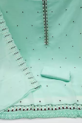 Women's sea green heavy thread embrodiery sequence work with dupatta georgette dress material