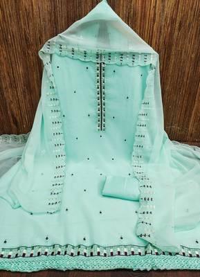 Women's sea green heavy thread embrodiery sequence work with dupatta georgette dress material 3