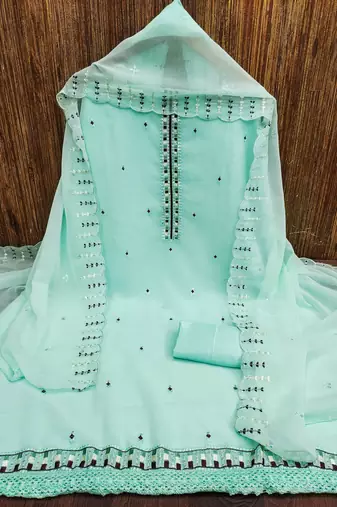 Women's sea green heavy thread embrodiery sequence work with dupatta georgette dress material