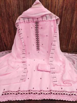 Women's pink heavy thread embrodiery sequence work with dupatta georgette dress material 3