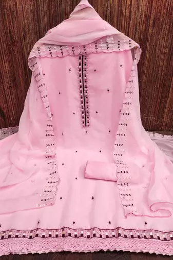Women's pink heavy thread embrodiery sequence work with dupatta georgette dress material