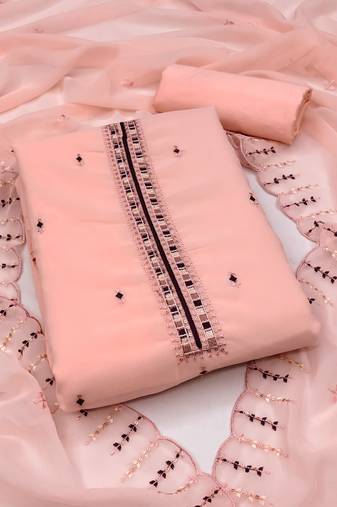 Women's peach unstitched heavy thread embrodiery sequence work with dupatta georgette dress material (cp9025pch)