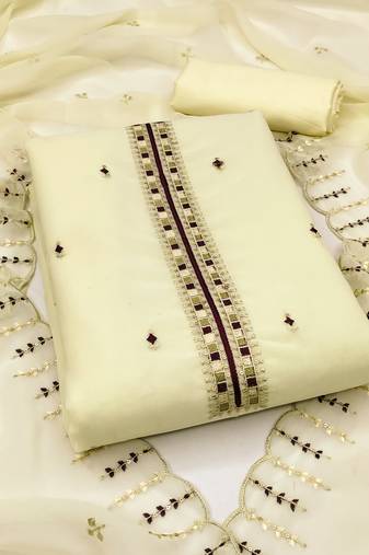 Women's beige unstitched heavy thread embrodiery sequence work with dupatta georgette dress material (cp9025bge)
