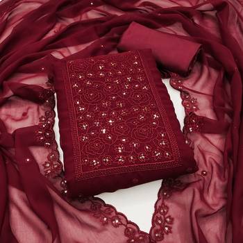Women's maroon unstitched heavy thread embrodiery,sequence work with dupatta georgette dress material (cp9023mrn) 1