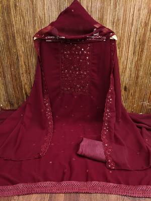 Women's maroon unstitched heavy thread embrodiery,sequence work with dupatta georgette dress material (cp9023mrn) 2