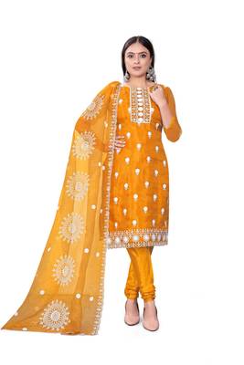 Women's yellow unstitched heavy thread embrodiery with embroidered dupatta organza dress material (cp9019ylw) 1