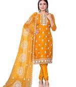 Women's yellow unstitched heavy thread embrodiery with embroidered dupatta organza dress material (cp9019ylw)