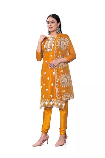 Women's yellow unstitched heavy thread embrodiery with embroidered dupatta organza dress material (cp9019ylw)
