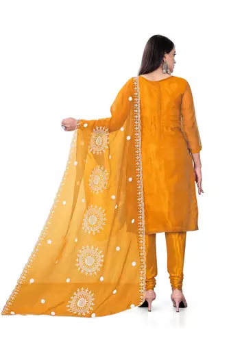 Women's yellow unstitched heavy thread embrodiery with embroidered dupatta organza dress material (cp9019ylw)