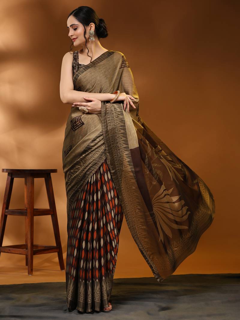  Kalini-Brown Printed Chiffon Art Sik Saree