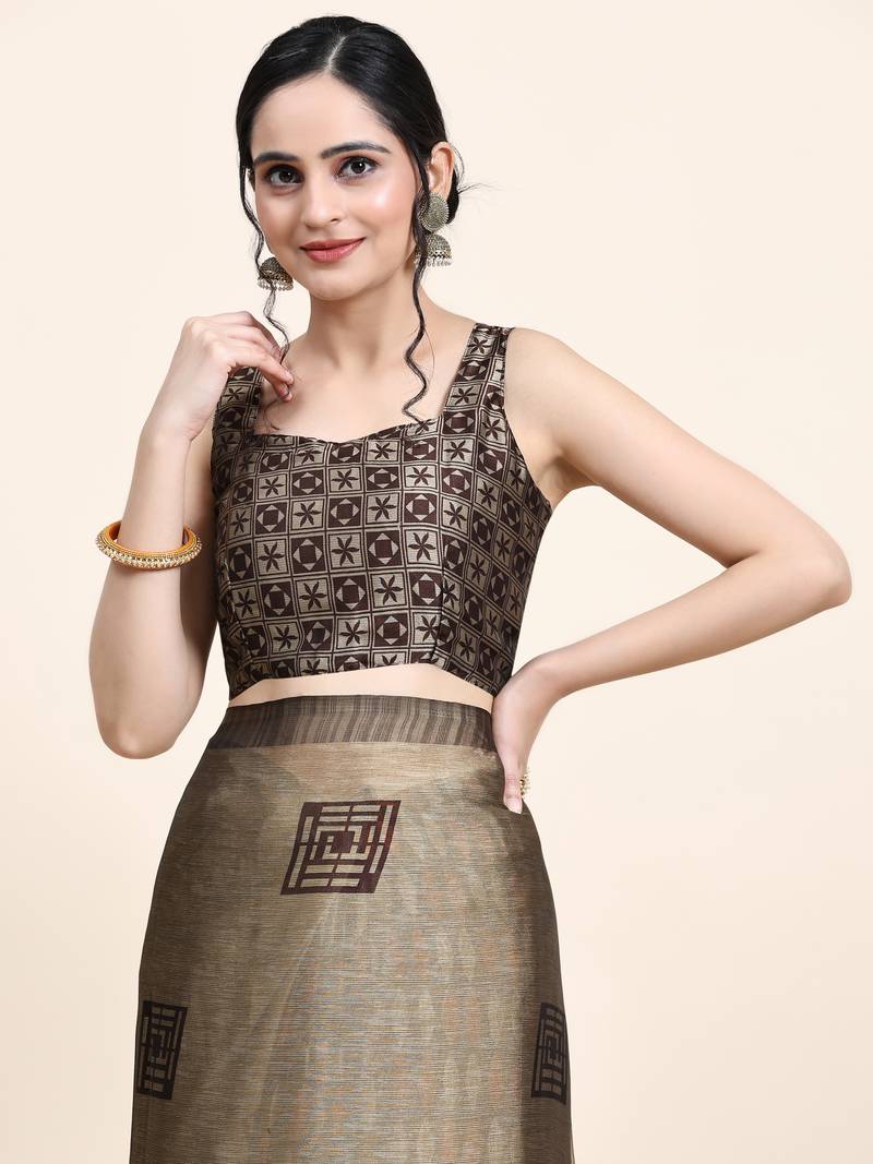  Kalini-Brown Printed Chiffon Art Sik Saree