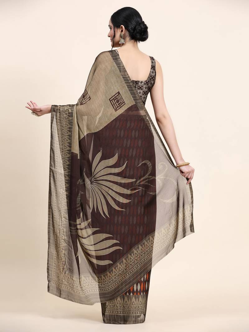  Kalini-Brown Printed Chiffon Art Sik Saree