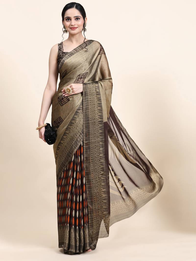  Kalini-Brown Printed Chiffon Art Sik Saree
