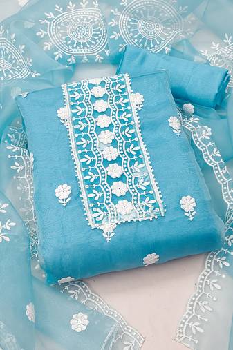 Women's sea green unstitched heavy thread embrodiery with dupatta organza dress material (cp9019sgn)