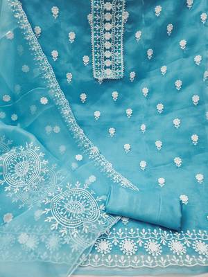 Women's sea green unstitched heavy thread embrodiery with dupatta organza dress material (cp9019sgn) 2