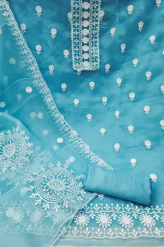 Women's sea green unstitched heavy thread embrodiery with dupatta organza dress material (cp9019sgn)