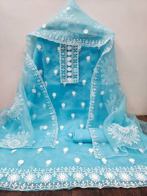 Women's sea green unstitched heavy thread embrodiery with dupatta organza dress material (cp9019sgn) 3