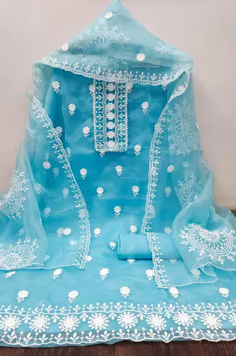 Women's sea green unstitched heavy thread embrodiery with dupatta organza dress material (cp9019sgn)