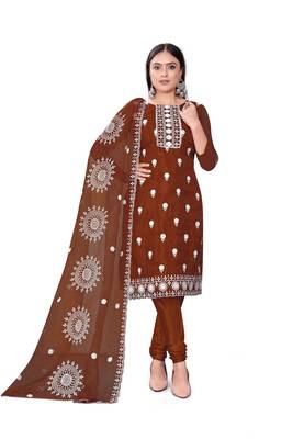 Women's rust unstitched heavy thread embrodiery with embroidered dupatta organza dress material (cp9019rst) 1