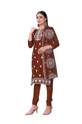 Women's rust unstitched heavy thread embrodiery with embroidered dupatta organza dress material (cp9019rst) 2