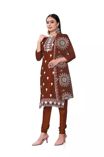 Women's rust unstitched heavy thread embrodiery with embroidered dupatta organza dress material (cp9019rst)