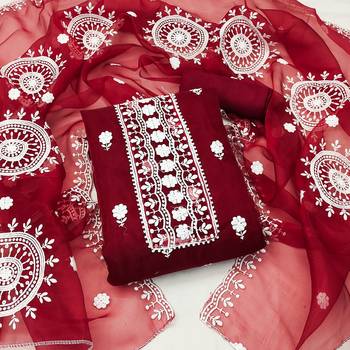 Women's maroon unstitched heavy thread embrodiery with embroidered dupatta organza dress material (cp9019mrn) 1