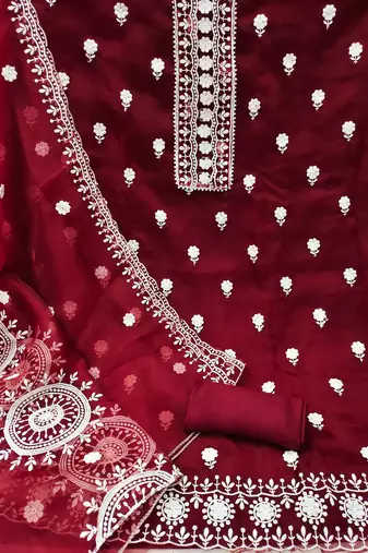 Women's maroon unstitched heavy thread embrodiery with embroidered dupatta organza dress material (cp9019mrn)