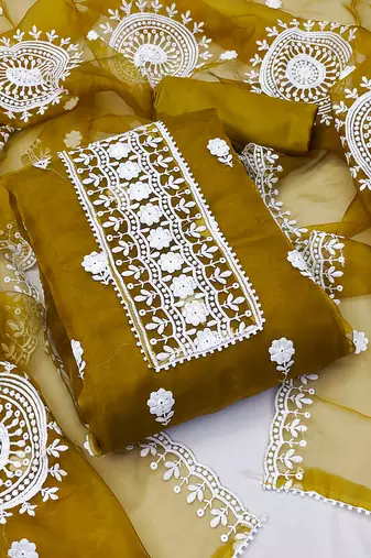 Women's mehandi unstitched heavy thread embrodiery with embroidered dupatta organza dress material (cp9019mnd)