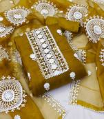 Women's mehandi unstitched heavy thread embrodiery with embroidered dupatta organza dress material (cp9019mnd)