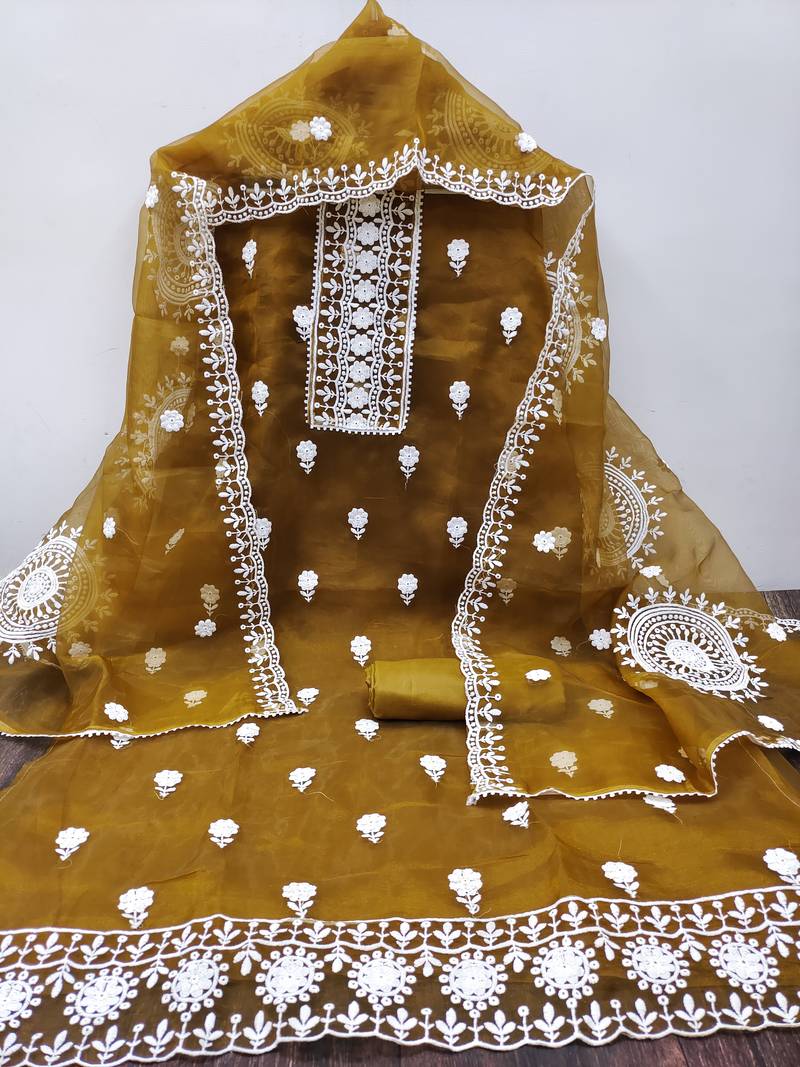 Women's mehandi unstitched heavy thread embrodiery with embroidered dupatta organza dress material (cp9019mnd)