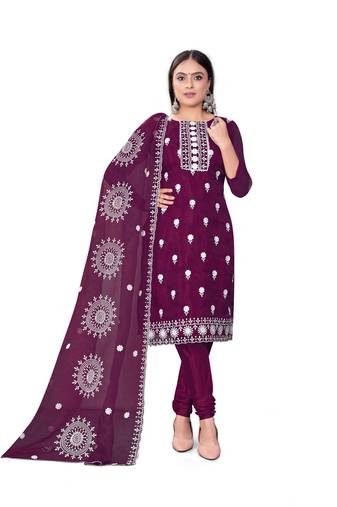 Women's magenta unstitched heavy thread embrodiery with embroidered dupatta organza dress material (cp9019mgt)
