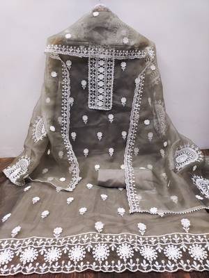 Women's grey unstitched heavy thread embrodiery with embroidered dupatta organza dress material (cp9019gry) 2