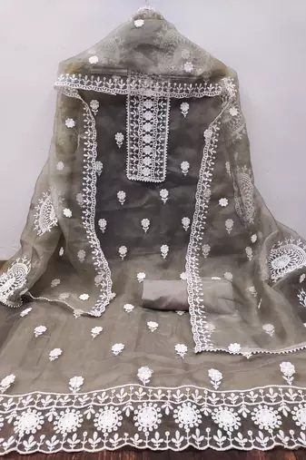 Women's grey unstitched heavy thread embrodiery with embroidered dupatta organza dress material (cp9019gry)
