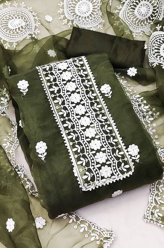 Women's dark green unstitched heavy thread embrodiery border and embroidered dupatta organza dress material (cp9019dgn)