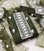 Women's dark green unstitched heavy thread embrodiery border and embroidered dupatta organza dress material (cp9019dgn)
