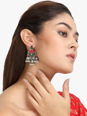 Women silver plated stone-studded oxidised jhumka 1