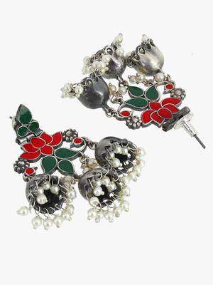 Women silver plated stone-studded oxidised jhumka 2