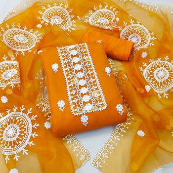 Women's yellow unstitched heavy thread embrodiery with embroidered dupatta organza dress material (m-cp9019ylw) 1