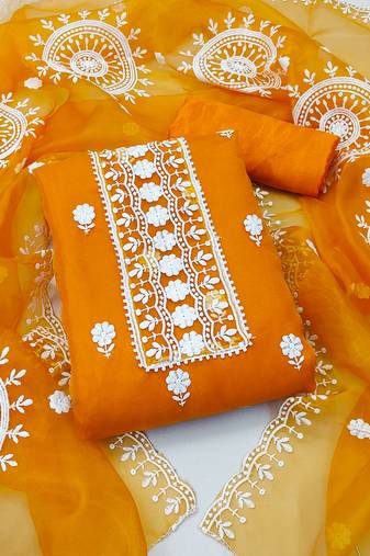 Women's yellow unstitched heavy thread embrodiery with embroidered dupatta organza dress material (m-cp9019ylw)